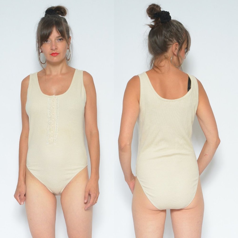 Vintage Beige Button Bodysuit (L)